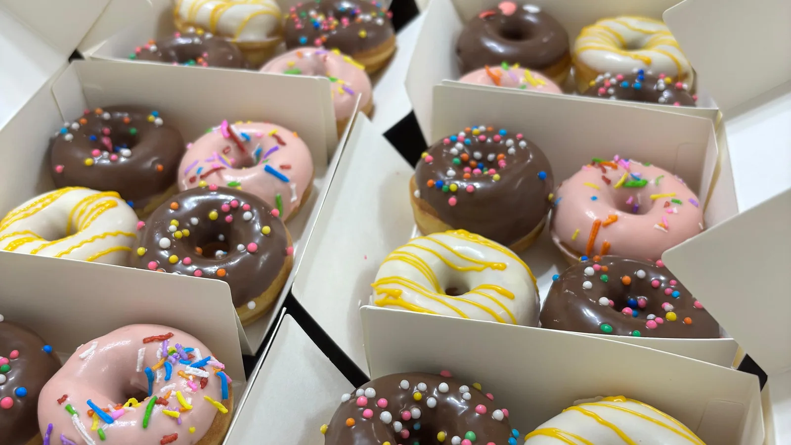 Cajas abiertas con minidonas decoradas dispuestas en varias filas.